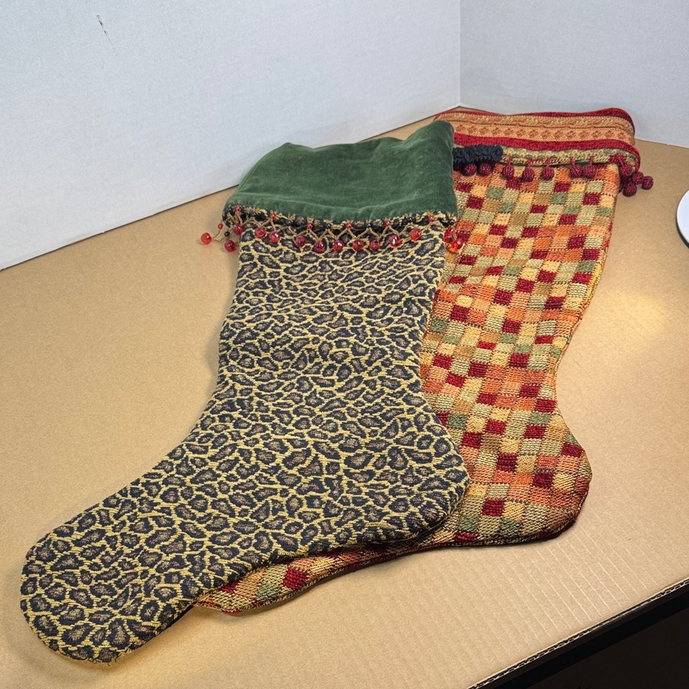 Pair of Swanky Tapestry Christmas Stockings Leopard Checkered Print Velvet Beads